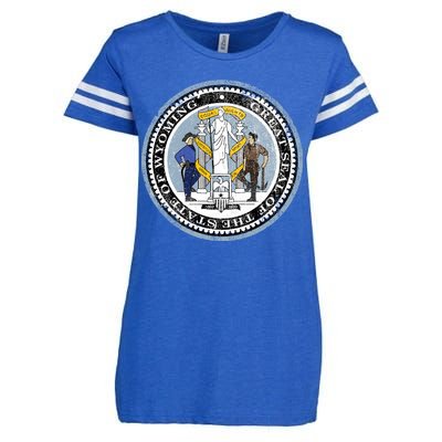 Wyoming Distressed State Seal Enza Ladies Jersey Football T-Shirt