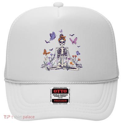 Women Yoga Skeleton Halloween Meditating Skeleton Mama High Crown Mesh Back Trucker Hat