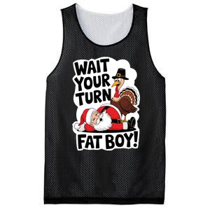 Wait Your Turn Fat Boy Funny Turkey Santa Thanksgiving Mesh Reversible Basketball Jersey Tank