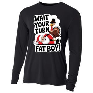 Wait Your Turn Fat Boy Funny Turkey Santa Thanksgiving Cooling Performance Long Sleeve Crew