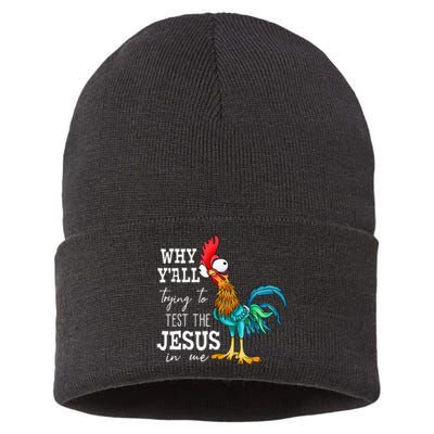 Why Y'all Trying To Test The Jesus In Me Funny Chicken Sustainable Knit Beanie