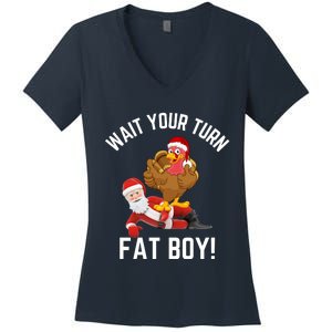 Wait Your Turn Fat Boy Funny Thanksgiving Turkey Santa Women's V-Neck T-Shirt