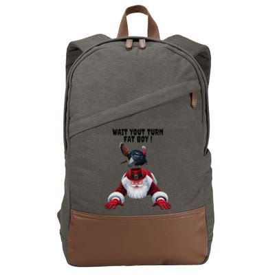 Wait Your Turn Fat Boy Funny Turkey Santa Thanksgiving . Cotton Canvas Backpack