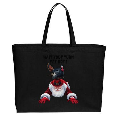 Wait Your Turn Fat Boy Funny Turkey Santa Thanksgiving . Cotton Canvas Jumbo Tote