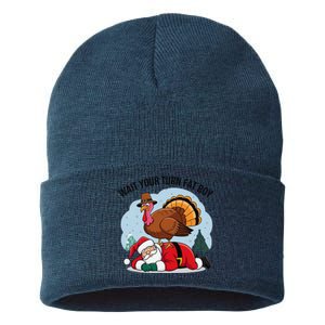 Wait Your Turn Fat Boy Funny Turkey Santa Thanksgiving Sustainable Knit Beanie