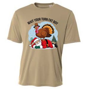 Wait Your Turn Fat Boy Funny Turkey Santa Thanksgiving Cooling Performance Crew T-Shirt