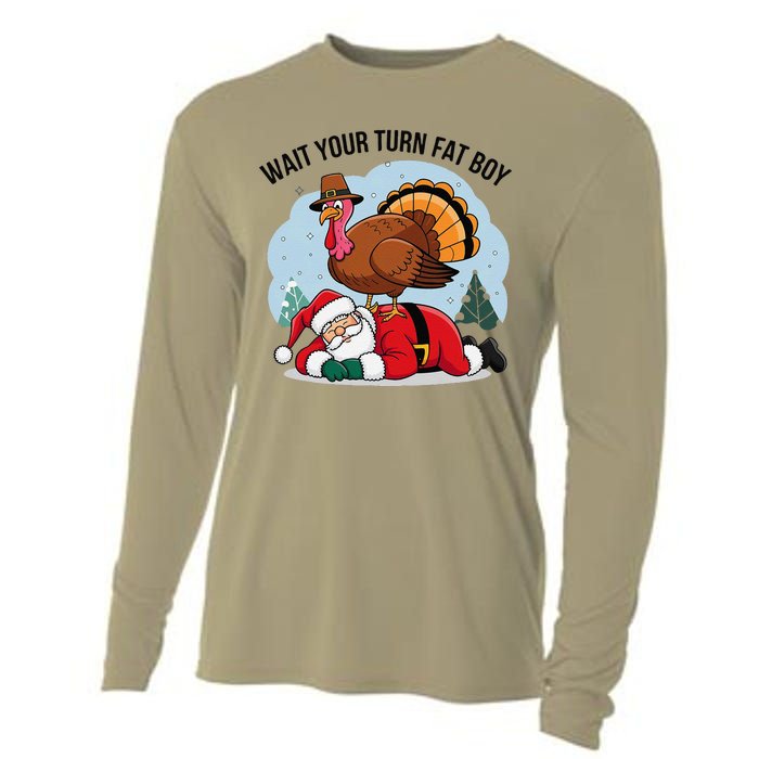 Wait Your Turn Fat Boy Funny Turkey Santa Thanksgiving Cooling Performance Long Sleeve Crew