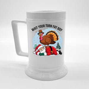 Wait Your Turn Fat Boy Funny Turkey Santa Thanksgiving Beer Stein