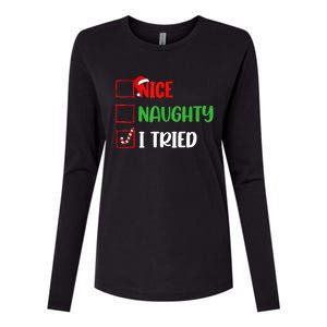 Xmas 2024 Nice Naughty I Tried Holiday Funny Christmas Gift Womens Cotton Relaxed Long Sleeve T-Shirt