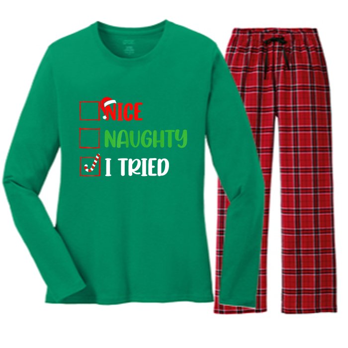 Xmas 2024 Nice Naughty I Tried Holiday Funny Christmas Gift Women's Long Sleeve Flannel Pajama Set 