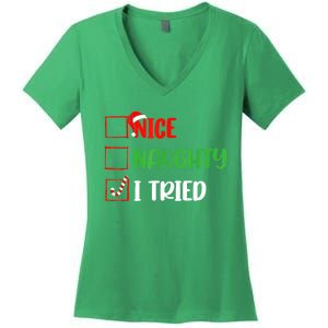 Xmas 2024 Nice Naughty I Tried Holiday Funny Christmas Gift Women's V-Neck T-Shirt