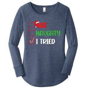 Xmas 2024 Nice Naughty I Tried Holiday Funny Christmas Gift Women's Perfect Tri Tunic Long Sleeve Shirt