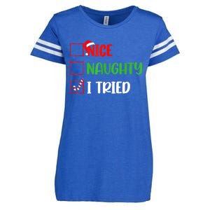 Xmas 2024 Nice Naughty I Tried Holiday Funny Christmas Gift Enza Ladies Jersey Football T-Shirt