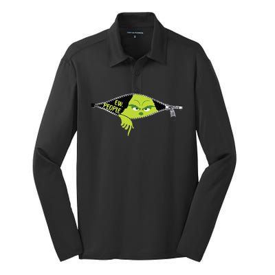 Xmas Big Face Green Color Saying Ew People Christmas  Silk Touch Performance Long Sleeve Polo