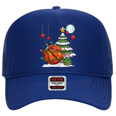 Xmas Basketball Sports Tree Lights Winter Happy Christmas Meaningful Gift High Crown Mesh Back Trucker Hat