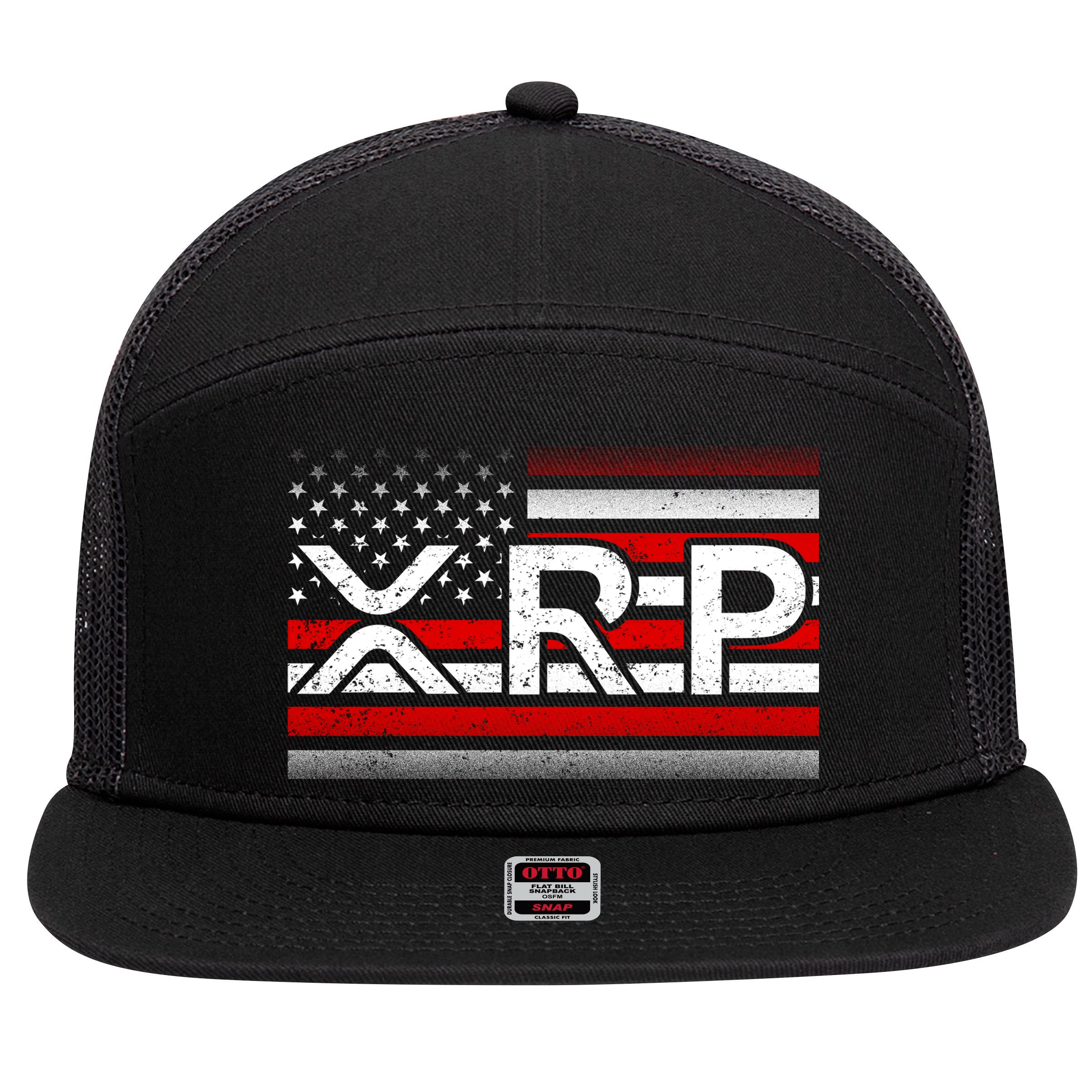 XRP Cryptocurrency Distressed USA American Flag 7 Panel Mesh Trucker Snapback Hat