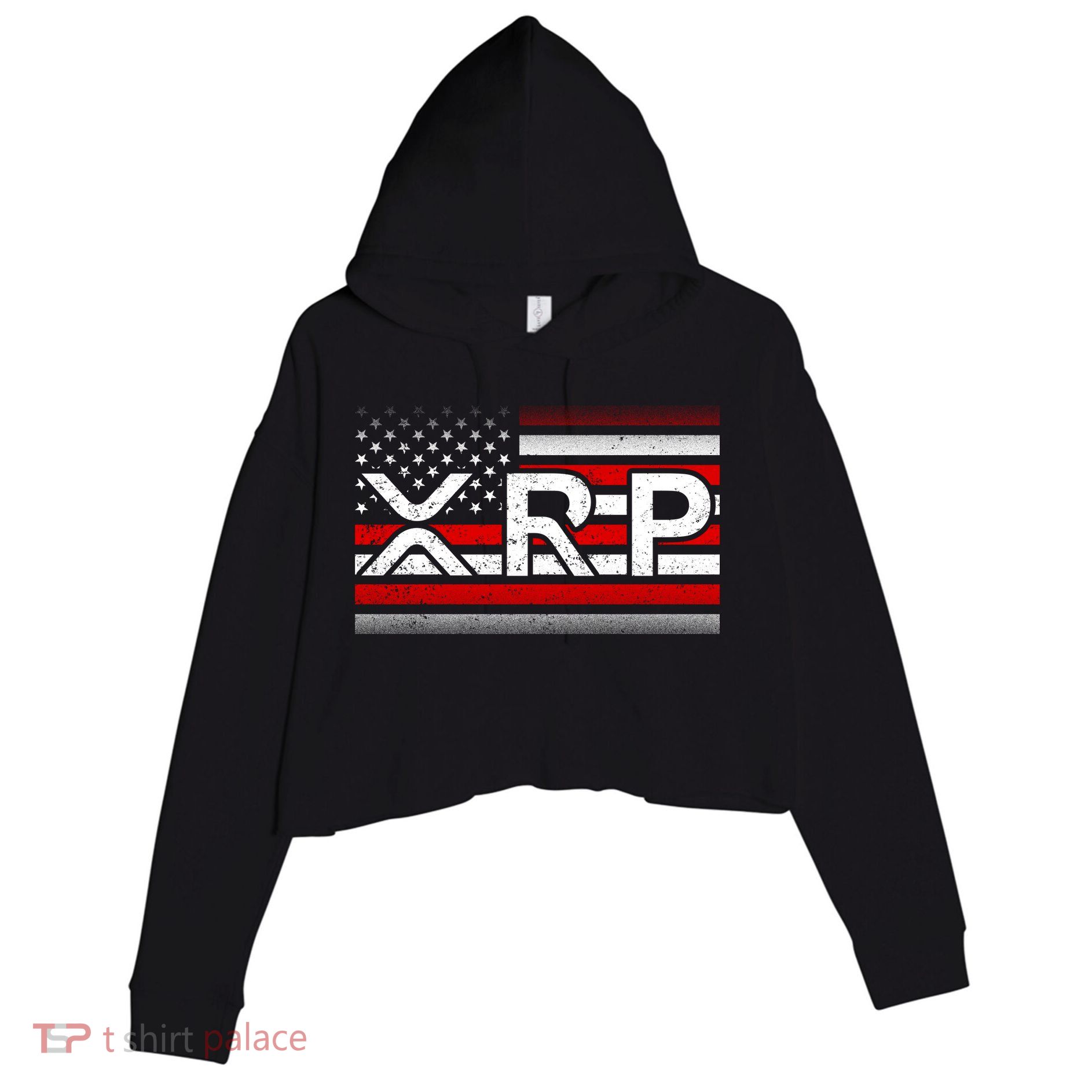 XRP Cryptocurrency Distressed USA American Flag Crop Fleece Hoodie