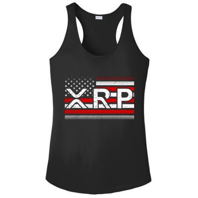 XRP Cryptocurrency Distressed USA American Flag Ladies PosiCharge Competitor Racerback Tank