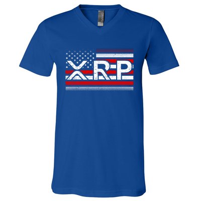 XRP Cryptocurrency Distressed USA American Flag V-Neck T-Shirt