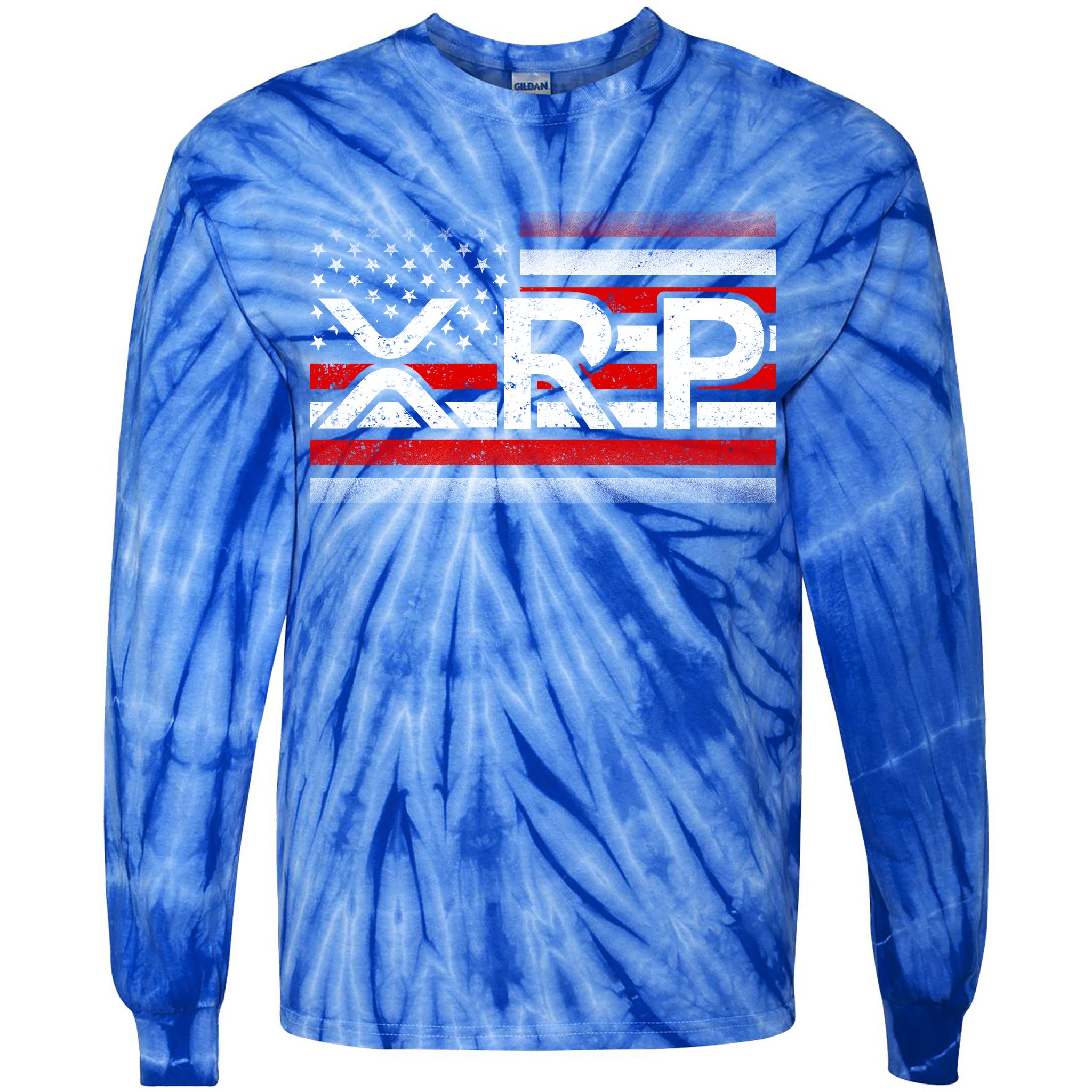 XRP Cryptocurrency Distressed USA American Flag Tie-Dye Long Sleeve Shirt