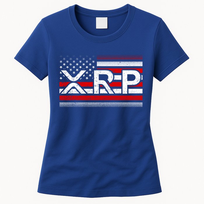 XRP Cryptocurrency Distressed USA American Flag Womens T-Shirt