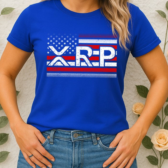 XRP Cryptocurrency Distressed USA American Flag Womens T-Shirt