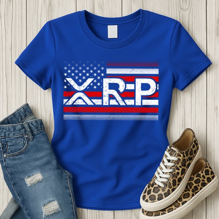 XRP Cryptocurrency Distressed USA American Flag Womens T-Shirt