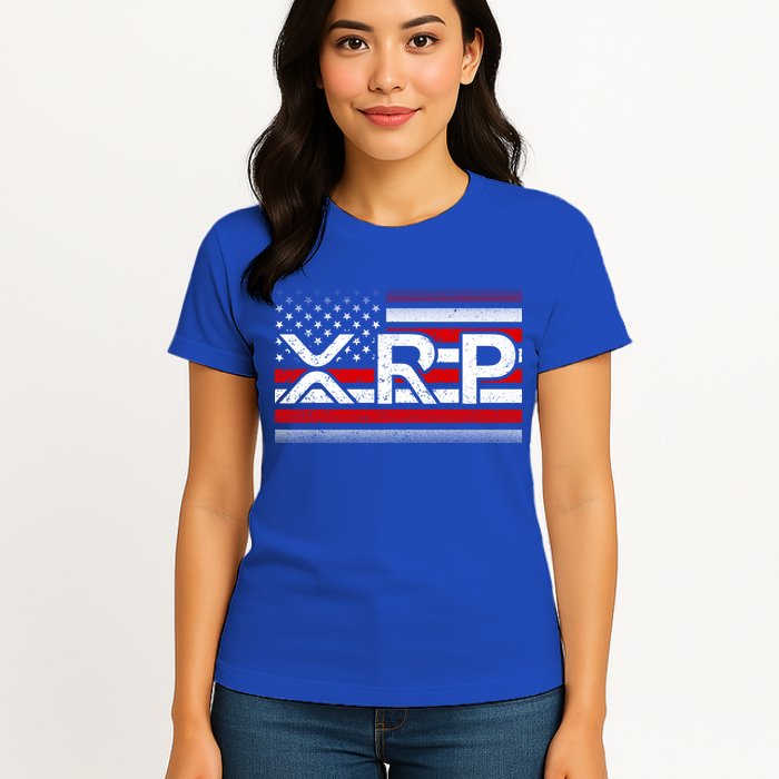 XRP Cryptocurrency Distressed USA American Flag Womens T-Shirt