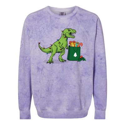 Xmas Christmas Lights Pine Tree Wild Animal T Rex Dinosaur Gift Colorblast Crewneck Sweatshirt