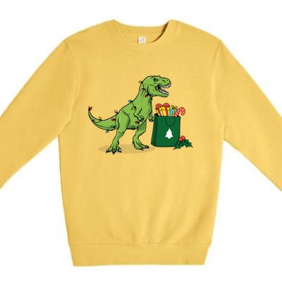 Xmas Christmas Lights Pine Tree Wild Animal T Rex Dinosaur Gift Premium Crewneck Sweatshirt