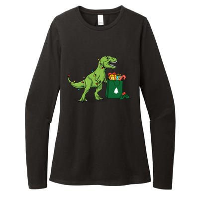 Xmas Christmas Lights Pine Tree Wild Animal T Rex Dinosaur Gift Womens CVC Long Sleeve Shirt