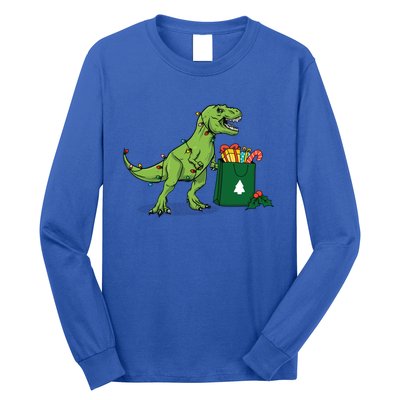 Xmas Christmas Lights Pine Tree Wild Animal T Rex Dinosaur Gift Long Sleeve Shirt