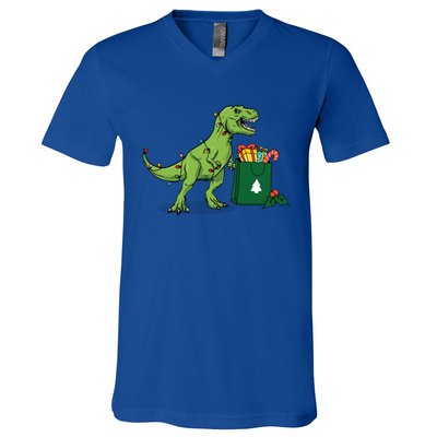 Xmas Christmas Lights Pine Tree Wild Animal T Rex Dinosaur Gift V-Neck T-Shirt