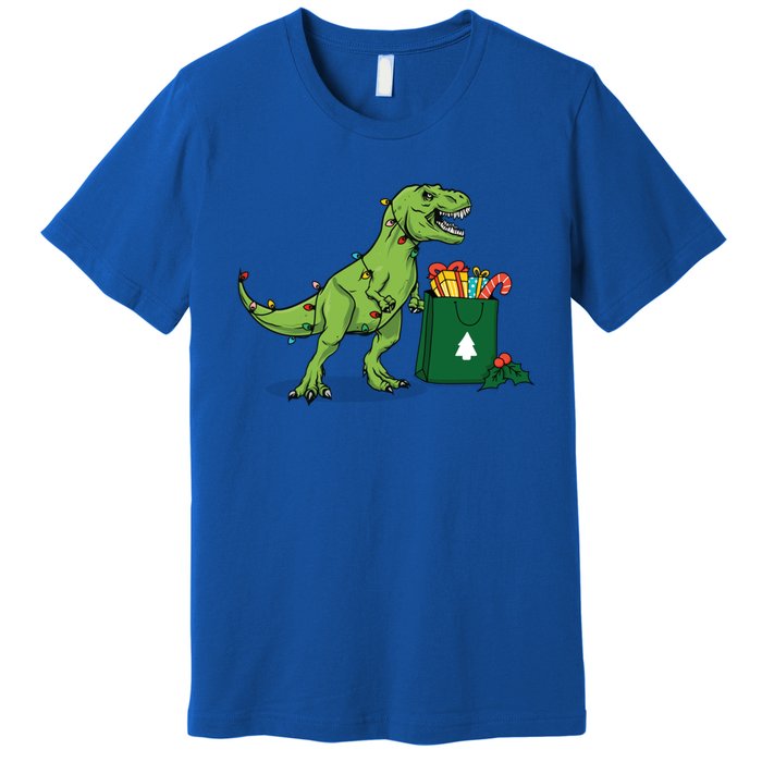 Xmas Christmas Lights Pine Tree Wild Animal T Rex Dinosaur Gift Premium T-Shirt