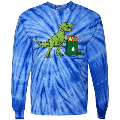 Xmas Christmas Lights Pine Tree Wild Animal T Rex Dinosaur Gift Tie-Dye Long Sleeve Shirt