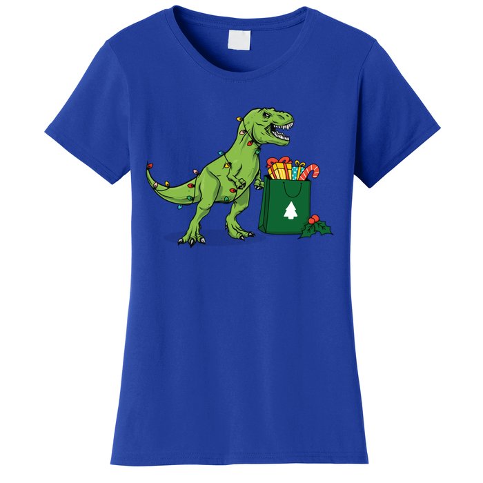 Xmas Christmas Lights Pine Tree Wild Animal T Rex Dinosaur Gift Women's T-Shirt