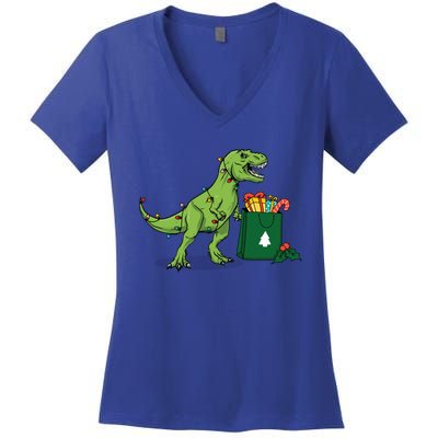 Xmas Christmas Lights Pine Tree Wild Animal T Rex Dinosaur Gift Women's V-Neck T-Shirt