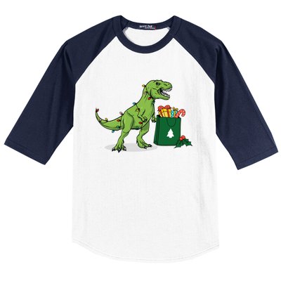 Xmas Christmas Lights Pine Tree Wild Animal T Rex Dinosaur Gift Baseball Sleeve Shirt