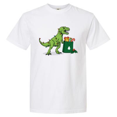 Xmas Christmas Lights Pine Tree Wild Animal T Rex Dinosaur Gift Garment-Dyed Heavyweight T-Shirt