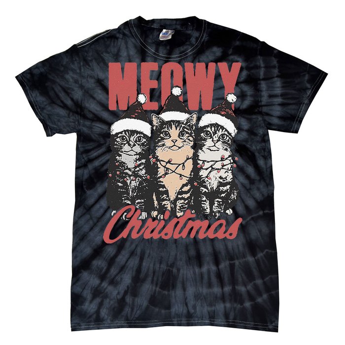 Xmas Cats Meowy Christmas Vintage Cat Ladies Gift Tie-Dye T-Shirt