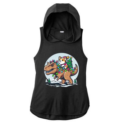 Xmas Corgi Riding Festive Trex Funny Christmas Ladies PosiCharge Tri-Blend Wicking Draft Hoodie Tank