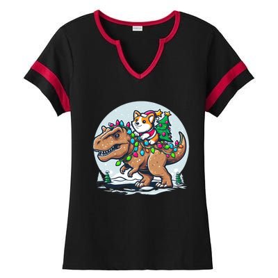 Xmas Corgi Riding Festive Trex Funny Christmas Ladies Halftime Notch Neck Tee