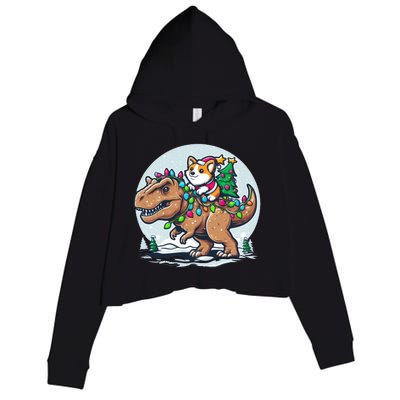 Xmas Corgi Riding Festive Trex Funny Christmas Crop Fleece Hoodie