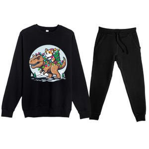 Xmas Corgi Riding Festive Trex Funny Christmas Premium Crewneck Sweatsuit Set