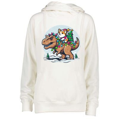 Xmas Corgi Riding Festive Trex Funny Christmas Womens Funnel Neck Pullover Hood