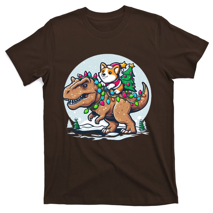 Xmas Corgi Riding Festive Trex Funny Christmas T-Shirt