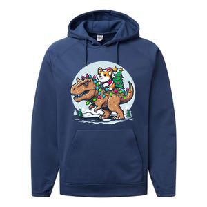 Xmas Corgi Riding Festive Trex Funny Christmas Performance Fleece Hoodie