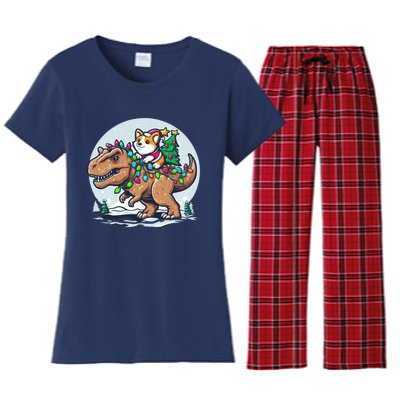 Xmas Corgi Riding Festive Trex Funny Christmas Women's Flannel Pajama Set