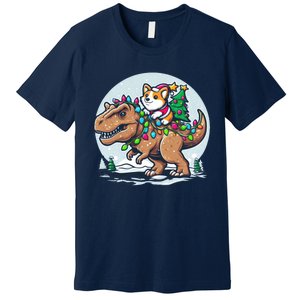 Xmas Corgi Riding Festive Trex Funny Christmas Premium T-Shirt