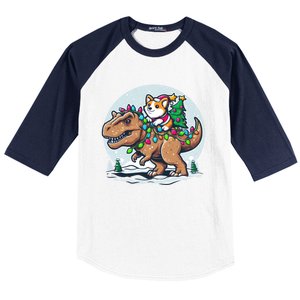 Xmas Corgi Riding Festive Trex Funny Christmas Baseball Sleeve Shirt